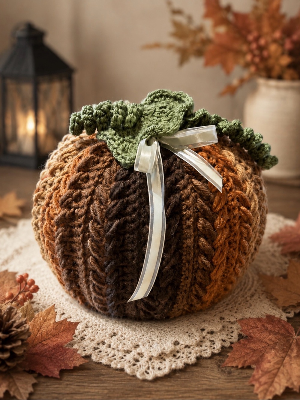 Large (28”x8.5”) Crochet Autumn Pumpkin Decor in Brown, Tan & Green
